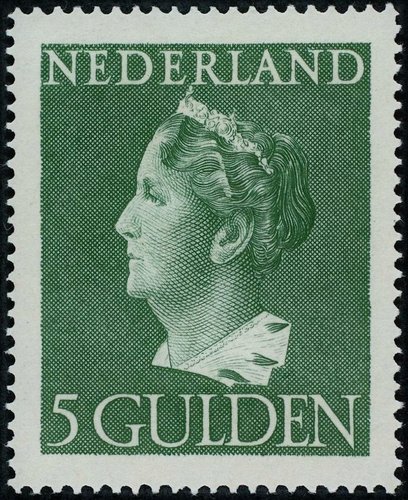Países Bajos, 1946,  Reina Guillermina. Uno de los cuatro valores calcográficos de la emisión, grabado por Sem Hartz a partir del diseño de 1940 de Willem Adriaan van Konijnenburg