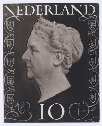 Uno de los bocetos de Hartz para la emisión básica de la reina Guillermina emitida entre 1947 y 1948 , 22.8 x 18.2 cm