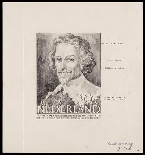 Boceto preliminar del diseño de Hartz para el sello de P.C. Hooft. lápiz sobre cartulina, 29.9 x 27.9 cm