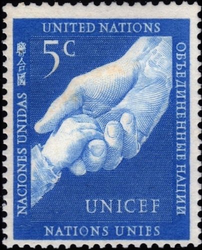 Naciones, 1951, Unicef. Oficina de Nueva York. Sello diseñado y grabado por Sem Hartz (imagen procedente de engravedstamps.net)