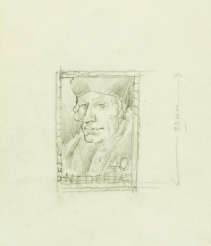 Un primer esbozo a lápiz de Hartz para el diseño del sello de Erasmo de 1969