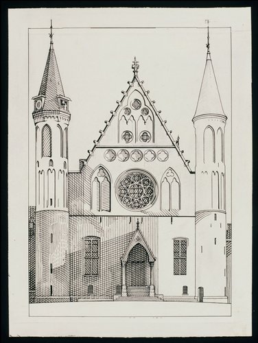 Diseño de grabado de Sem Hartz para el sello del Ridderzaal que grabaría Staphorst. Lápiz y tinta sobre cartulina, 32.7 x 24.1 cm