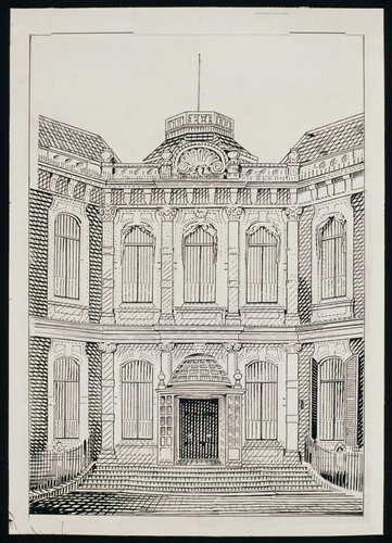 Diseño de grabado de Sem Hartz para el sello del  Palacio de Kneuterdijk que grabaría Cornelis Arend Mechelse. Lápiz y tinta sobre cartulina, 31.5 x 22.2 cm