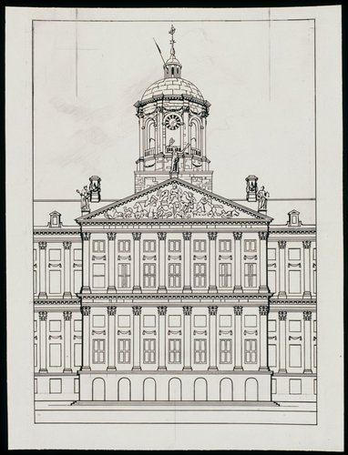 Propuesta de diseño de grabado de Sem Hartz para el sello del Palacio Real que grabaría Van Dijk. Lápiz y tinta sobre cartulina, 33.7 x 25.4 cm