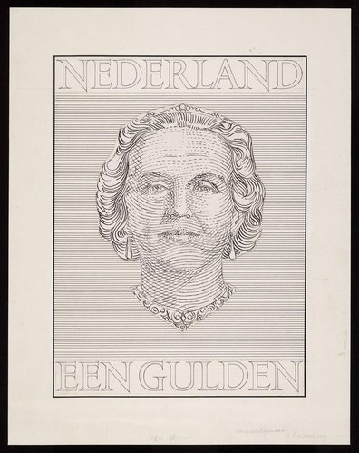 Diseño de grabado de Hartz para el sello calcográfico de 1949 de la nueva reina Juliana. Lápiz y tinta sobre cartulina, letras superpuestas, 33.5 x 26.3 cm
