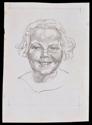 Diseño preliminar de grabado de Hartz para el sello de la Princesa Beatriz. Lápiz y tinta sobre cartulina, 31.2 x 22.6 cm