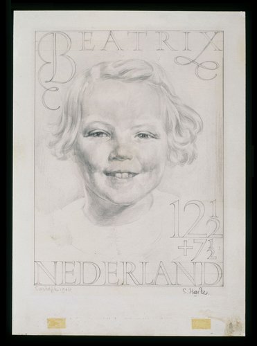 Diseño definitivo de Hartz para el sello de la Princesa Beatriz. Tipografía facial a cargo de Jan van Krimpen. Lápiz sobre cartulina, 32.1 x 23 cm