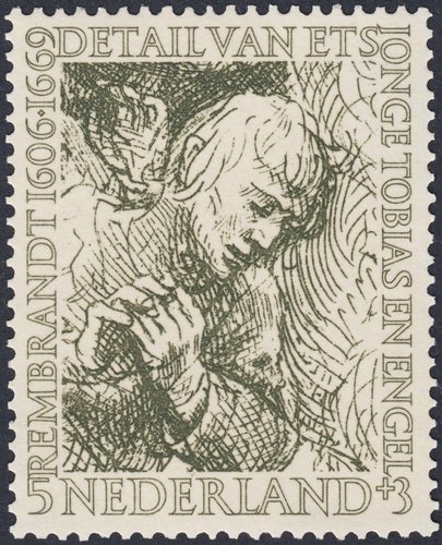 Países Bajos, 1956, 350 aniversario del nacimiento de Rembrandt, “El joven Tobías y un ángel”. Diseño de Hartz y Jan van Krimpen, grabado de Hartz. Calcografía, según los catálogos
