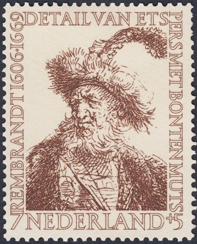 Países Bajos, 1956, 350 aniversario del nacimiento de Rembrandt, “Persa con gorro de piel”. Diseño de Hartz y Jan van Krimpen, grabado de Hartz. Calcografía, según los catálogos