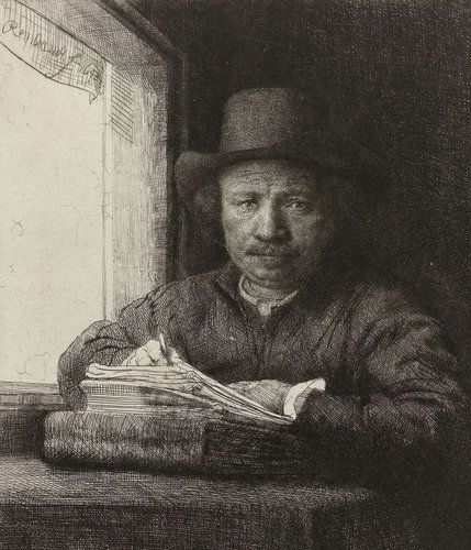 Autorretrato en una ventana, de Rembrandt van Rijn, 1648. Aguafuerte y buril, 16 x 13 cm