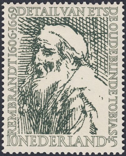Países Bajos, 1956, 350 aniversario del nacimiento de Rembrandt, “El viejo Tobías ciego”. Diseño de Hartz y Jan van Krimpen, grabado de Hartz. Calcografía, según los catálogos