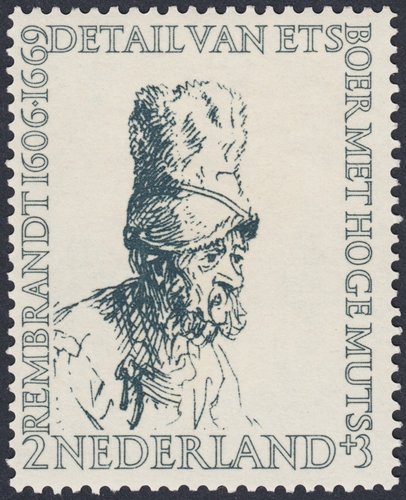 Países Bajos, 1956, 350 aniversario del nacimiento de Rembrandt, “Granjero con sombre alto”. Diseño de Hartz y Jan van Krimpen, grabado de Hartz. Calcografía, según los catálogos