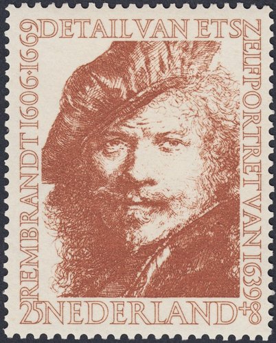 Países bajos, 1956, 350 aniversario del nacimiento de Rembrandt, Autorretrato de 1639. Sello diseñado y grabado por Sem Hartz. Letras y cifra diseñada por Jan van Krimpen. Calcografía, según los catálogos