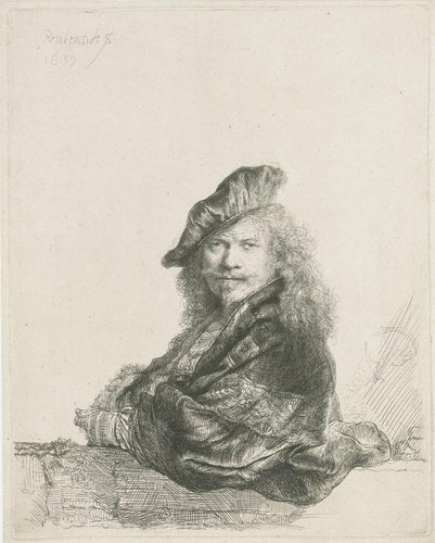 Autorretrato apoyado sobre un pretil, de Rembrandt van Rijn, 1639.  Aguafuerte, buril y punta seca, 20.5 ×  16.4 cm. Rijksmuseum de Amsterdam