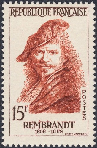 Francia, 1957, Rembrandt, Autorretrato (1639). Diseño y grabado de Claude Hertenberger. Calcografía