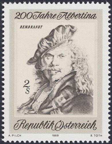 Austria, 1969, Bicentenario del Museo Albertina de Viena, Autorretrato de Rembrandt (1639). Diseño de Adalbert Pilch y grabado de Rudolf Toth. Calcografía y huecograbado