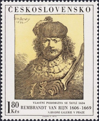 Checoslovaquia, 1973, Rembrandt, Autorretrato con espada levantada. Sello grabado por Jindra Schmidt. Calcografía y huecograbado