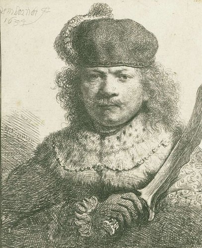 Autorretrato con espada levantada (1634), de Rembrandt. Aguafuerte, 12.1 x 9.9 cm