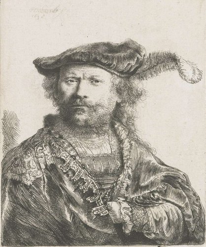 Autorretrato con boina de terciopelo emplumada, de Rembrandt van Rijn, año 1638, 13.4 x 10.3 cm. Aguafuerte, buril y punta seca