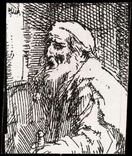 Boceto de trabajo del propio Hartz, posiblemente recortado de una reproducción facsimilar del grabado de Rembrandt