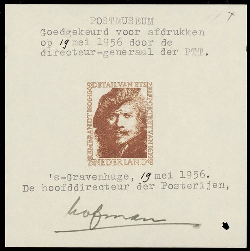 Prueba de impresión cedida al Museo Postal neerlandés del sello del autorretrato