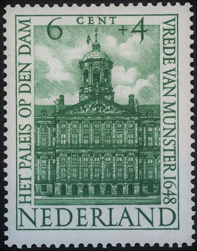 Países Bajos, 1949, Palacio Real, en el centro de Amsterdam. Sello diseñado por Sem Hartz y grabado por Willem Zion van Dijk. Calcografía