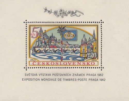 Hojita emitida por Checoslovaquia en 1962, con ocasión de la Exposición Internacional de Sellos Praga 62. Diseño de Josef Liesler y grabado de Ladislav Jirka. Calcografía
