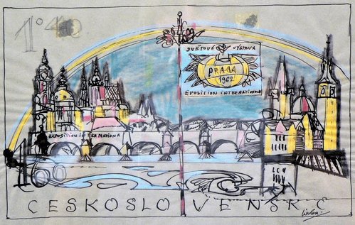 Dibujo preliminar de Josef Liesler, sobre papel vegetal, para el diseño de la hojita  de Praga 62 que después grabó Ladislav Jirka