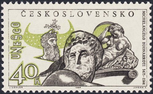 Checoslovaquia, 1964, 400 aniversario de la muerte de Miguel Ángel. Moisés, y la Noche (mujer) y el Día (hombre), de la tumba de Giuliano de Médici. Diseño de Josef Liesler y grabado de Jindra Schmidt. Calcografía y huecograbado