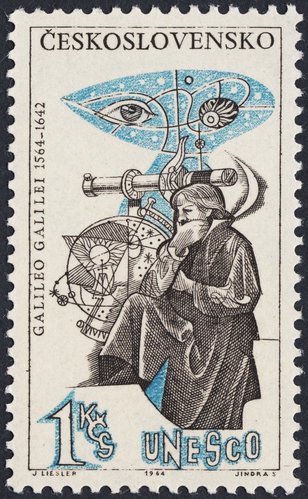 Checoslovaquia, 1964, Galileo Galilei, cuarto centenario de su nacimiento. Diseño de Josef Liesler y grabado de Jindra Schmidt. Calcografía y huecograbado