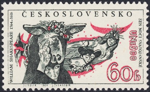 Checoslovaquia, 1964, 400 aniversario del nacimiento de Shakespeare, “El sueño de una noche de verano”. Diseño de Josef Liesler y grabado de Jiří Švengsbír. Calcografía y huecograbado