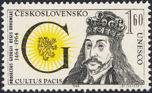 Checoslovaquia, 1964, 500 años de los esfuerzos pacifistas de Jorge de Podiebrad, rey de Bohemia. Diseño y grabado de Jiří Švengsbír. Calcografía y huecograbado
