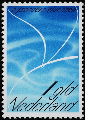 Países Bajos, 1980, sello de Correo Aéreo. Diseño de Jelle van der Toorn Vrijthoff. Huecograbado
