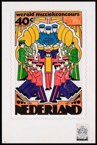 Países Bajos, 1974, Concurso Internacional de Bandas de Música. Diseño adoptado, obra de Jelle van der Toorn Vrijthoff. Lápiz y rotulador, 28 x 18.5 cm