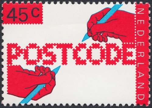 Países Bajos, 1978, Código postal, 45 ct. Diseño de Gert Dumbar y René van Raalte. Huecograbado