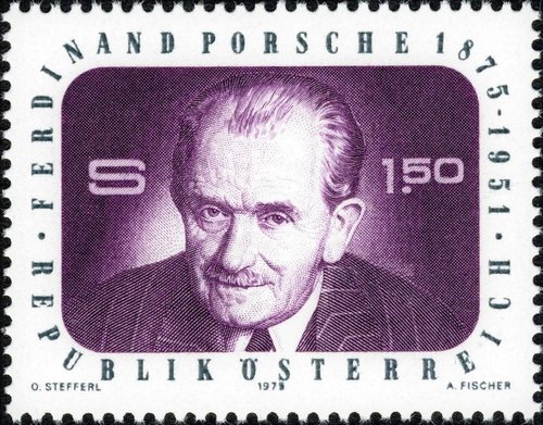 Austria, 1975, Ferdinand Porsche. Diseño de Otto Stefferl y grabado de Alfred Fischer. Huecograbado y calcografía