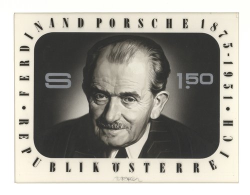 Diseño original de Otto Stefferl para el sello de 1975 de Ferdinand Porsche. Pintura acrílica y lápiz sobre cartulina, 25.3 x 19.5 cm