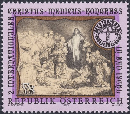 Austria, 1990, II Congreso Internacional de la asociación austríaca “Médico y pastor” (Arzt und Seelsorger). Diseño de Auguste Böcskör y grabado de Alfred Nefe. Huecograbado y calcografía