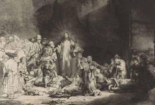 “Cristo predicando” (De predikende Christus), también conocido como &quot;Cristo sanando a los enfermos&quot;, grabado de Rembrandt de 1650. Punta seca y buril, 39.4 x 28 cm. Impresión original del Rijksmuseum de Amsterdam