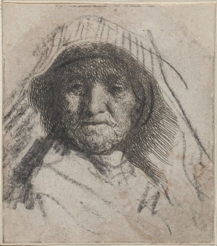Madre del artista (1628), por Rembrandt, grabado retocado con tiza negra, 6.5 × 5.8 cm