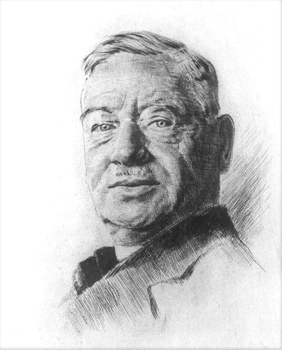 Retrato a lápiz y carboncillo de Otto Loewi, a partir de la misma fotografía utilizada por Adalbert Pilch en su diseño del sello. Autoría desconocida
