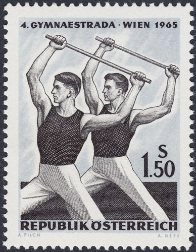 Austria, 1965, IV Gymnaestrada, Viena. Gimnastas practicando con barras. Diseño de Adalbert Pilch y grabado de Alfred Nefe. Huecograbado y calcografía
