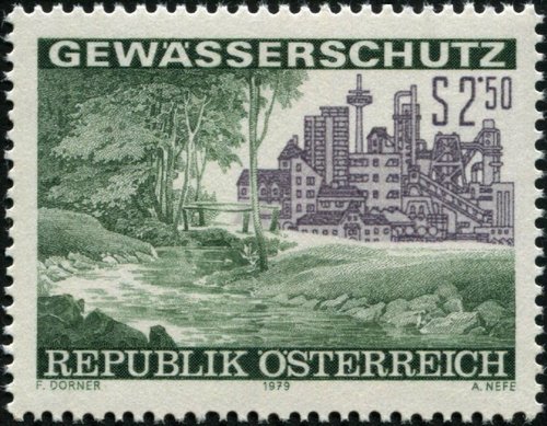 Austria, 1979, sello para concienciar de la necesidad de luchar contra la polución. Diseño de Ferdinand Dorner y grabado de Alfred Nefe. Huecograbado y calcografía