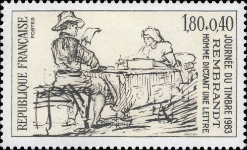 Francia, 1983, Día del Sello. Grabado de Rembrandt “Hombre dictando una carta”. Diseño y grabado de Pierre Gandon. Calcografía