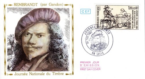 Francia, 1983, Día del Sello, Rembrandt. Sobre de Primer Día con una acuarela de Rembrandt, obra de Pierre Gandon