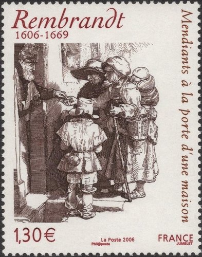 Francia, 2006, cuarto centenario del nacimiento de Rembrandt. Grabado de Rembrandt “Mendigos en la puerta de una casa”. Diseño y grabado de Claude Jumelet. Calcografía