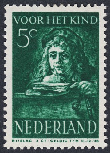 Países Bajos, 1941, Retrato de Titus, de Rembrandt. Uno de los cinco valores de esta emisión impresa en huecograbado. Diseño de Anton van der Valk