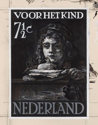 Diseño definitivo de Anton van der Valk para el sello de Auxilio infantil de 1941, 18 x 13.9 cm
