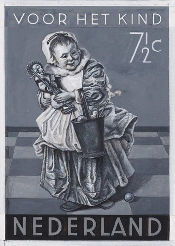 Diseño descartado de Van der Valk para la emisión sobretasada de 1941, a partir de la obra anterior de Jan Steen