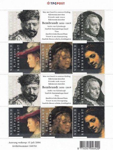 Países Bajos, 2006, cuarto centenario del natalicio de Rembrandt. Diseño de Walter Nikkels. Impresión en offset. El sello de Saskia (izquierda) también fue emitido por Alemania en 2006